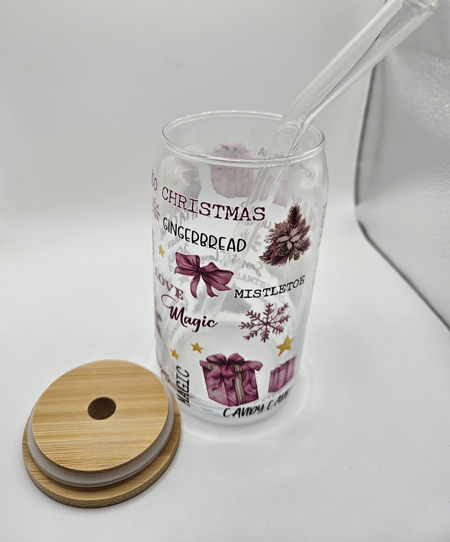 Pink Themed Christmas 16 OZ Glass Cup