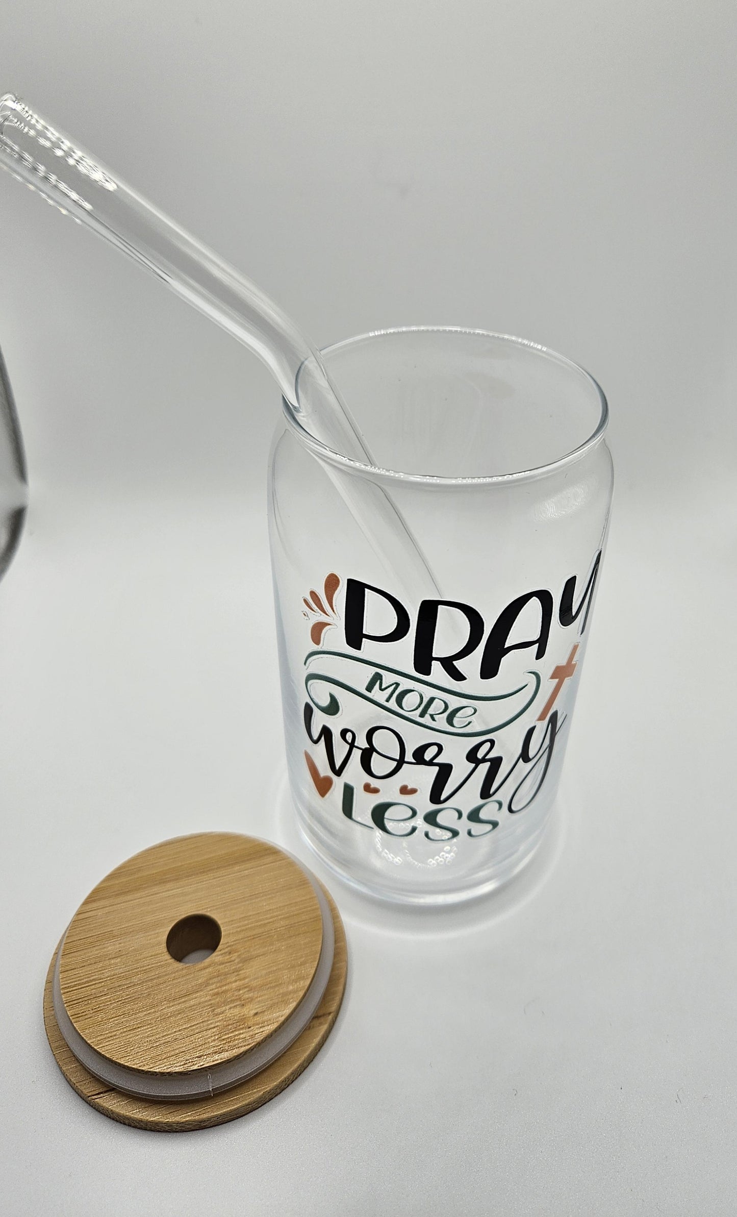 Pray More Worry Less 16 OZ Glass Cup